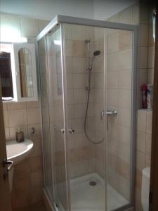 prysznic ze szklanymi drzwiami w łazience w obiekcie KarosPool Apartman w Zalakaros