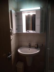 a bathroom with a sink and a mirror at KarosPool Apartman in Zalakaros