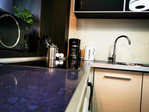 a kitchen with a sink and a microwave at Sector 6 - Metrou Gorjului - Studio G by MRG Apartments in Bucharest +8 photos