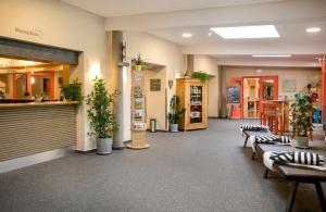 a waiting room with potted plants in a restaurant at JUFA Hotel Mariazell in Mariazell