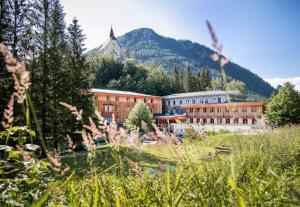 budynek na polu z górą w tle w obiekcie JUFA Hotel Mariazell w mieście Mariazell