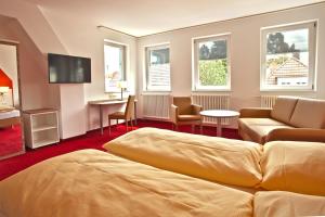 a hotel room with a bed and a living room at Sternplatz-Hotel in Ehingen