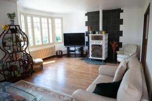 ein Wohnzimmer mit einem Sofa und einem Kamin in der Unterkunft LA VIGNE in Chailly-en-Bière