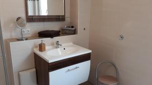 タンガーミュンデにあるFerienhaus Hof Albrechtの洗面台と鏡のあるバスルーム +8枚の写真