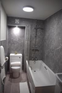 uma casa de banho com uma banheira, um WC e um lavatório. em Kelpies Serviced Apartments- Victoria em Falkirk