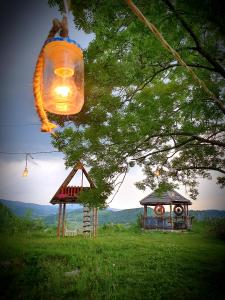 une lumière suspendue à un arbre près d'un kiosque dans l'établissement Etno domacinstvo Saponjic, à Nova Varoš