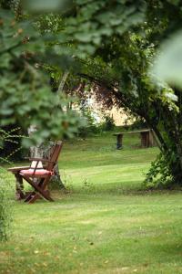 un banc en bois assis dans l'herbe dans un parc dans l'établissement Au Plech, à Mont-dʼAstarac