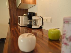 a kitchen counter with an apple on a wooden counter top at Casa Alpina in Goldegg