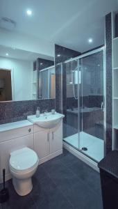 y baño con aseo, ducha y lavamanos. en Bluetree Apartments Guild Street City Center, en Aberdeen