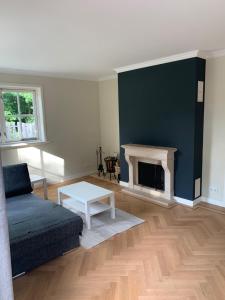 a living room with a couch and a fireplace at Vakantiehuis Villa Zeewolde in Zeewolde