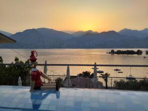 a toy figurine sitting on the edge of a swimming pool with a view at Hotel Garden in Malcesine