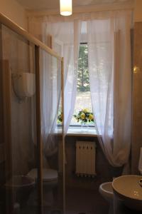 a bathroom with a toilet and a window with flowers at Villa La Moraiola in Passignano sul Trasimeno