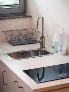 a kitchen sink with a dish drying rack next to it at Studio Kolman in Bled