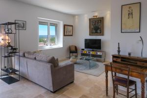 un salon avec un canapé et une télévision dans l'établissement La Maison Ryokufu, à Châteauneuf-du-Pape