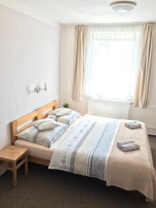 ein Schlafzimmer mit einem großen Bett und einem Fenster in der Unterkunft Pension Crhan in Mikulov