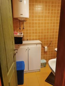 a small bathroom with a sink and a toilet at Brvnara na obali reke Drine in Beserovina