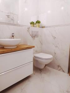 ein weißes Bad mit einem Waschbecken und einem WC in der Unterkunft Apartament Niebieski in Świnoujście