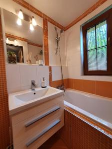 a bathroom with a sink and a bath tub at Garden cottage U lesa pod Radyní in Starý Plzenec