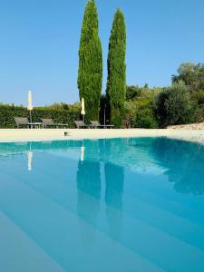 ein großer blauer Pool mit zwei Bäumen im Hintergrund in der Unterkunft Tenuta Montemassi Podere Montauzzo in Montemassi