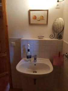 ein Waschbecken im Badezimmer mit einer Flasche Seife darauf in der Unterkunft Niedliches kleines Ferienhäuschen auf Rügen nahe Stralsund in Altefähr