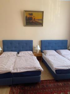 two beds in a room with a blue wall at Hotel Gunia in Berlin