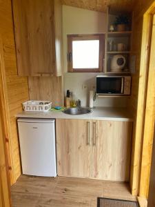 a small kitchen with a sink and a microwave at Chata pri jazere - 6km od Slovakia Ringu in Horná Potôň
