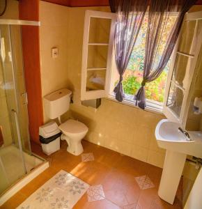 baño con aseo y lavabo y ventana en Boho Hostel, en San Julián
