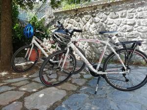 2 biciclette parcheggiate accanto a un muro di pietra di Casa Pacini a Santa Fiora