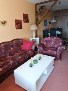 uma sala de estar com dois sofás e uma mesa de centro em Harz Stube em Goslar
