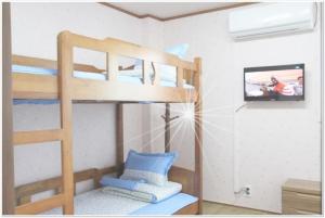 a bedroom with two bunk beds and a television at Sun Flower Minbak in Seogwipo