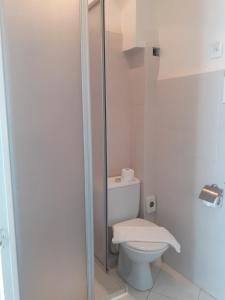 a bathroom with a toilet and a glass shower door at Hôtel P.L.M. in Cannes