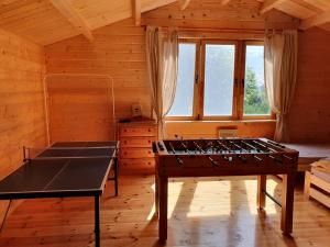 stół do ping ponga w pokoju w drewnianym domku w obiekcie Dom Pod Sosnami w mieście Lidzbark