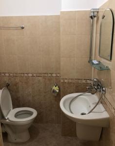 een badkamer met een toilet en een wastafel bij Семеен хотел Авалон in Chernomorets