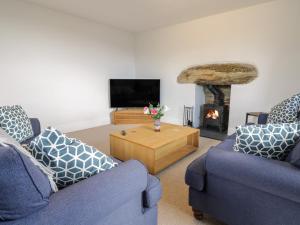 a living room with two blue couches and a fireplace at Cefn Gwyn in Talsarnau