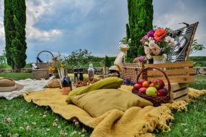 um piquenique com cestas de fruta num cobertor em Zornitza Family Estate Relais & Chateaux em Melnik
