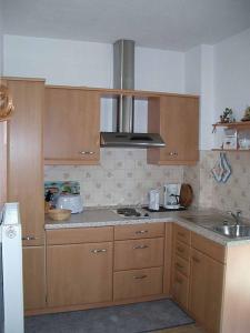 a small kitchen with wooden cabinets and a sink at Ferienwohnung Lohse in Kurort Altenberg