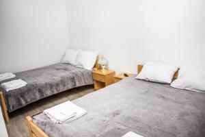 - une chambre avec deux lits et une table avec une lampe dans l'établissement Apartamenty Willa Pogoń, à Krynica-Zdrój