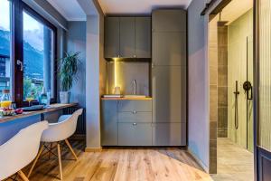 kuchnia ze stalową lodówką i zlewem w obiekcie Chamonix City Center Luxury Studio Apartment w Chamonix-Mont-Blanc +10 zdjęć