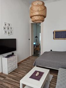 una camera con letto, TV e tavolo di Nati Apartman a Budapest