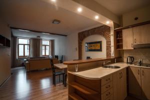 een keuken met een spoelbak en een aanrechtblad bij Old City Apartments in Rīga