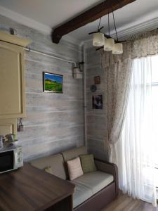 スヴェトロゴルスクにあるApartment on Sosnovaya st.のソファ付きのリビングルーム、木製の壁