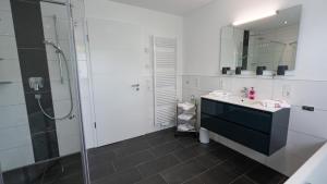 un baño con lavabo y ducha en NEU Mont Royal Suiten 2 bis 4 Personen, en Traben-Trarbach