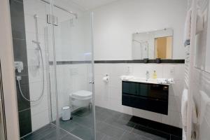 Un baño con ducha, inodoro y lavabo. en NEU Mont Royal Suiten 2 bis 4 Personen, en Traben-Trarbach
