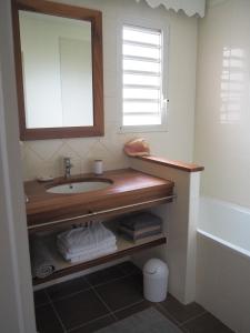 a bathroom with a sink and a mirror and a tub at Appartement cosy, les pieds dans l'eau ! in Sainte-Anne