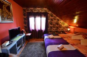 a hotel room with two beds and a television at Villa Miris Dunja in Zlatibor
