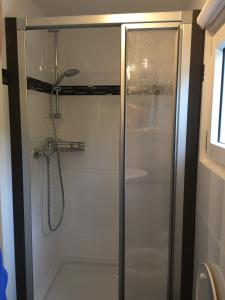 a shower with a glass door in a bathroom at Sportboot Zander in Bornheim +15 photos
