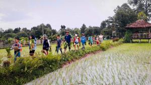 a group of people walking through a field at Baan Thung Home Stay in Prasat