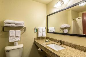 a bathroom with a toilet and a sink and a mirror at Cobblestone Hotel & Suites - Devils Lake in Devils Lake