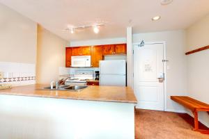 a kitchen with a sink and a refrigerator at Town Plaza Suites in Whistler