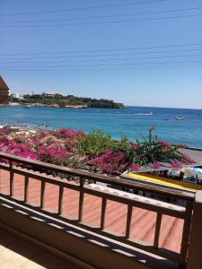 a balcony with a view of the ocean and flowers at Buganvilla Sea View apts in Agia Pelagia